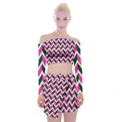 Chevron Pink Green Retro Off Shoulder Top With Mini Skirt Set by snowwhitegirl