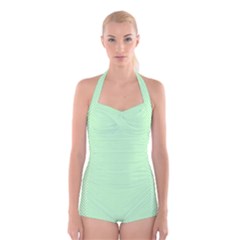    Classic Mint Green & White Herringbone Pattern Boyleg Halter Swimsuit  by PodArtist