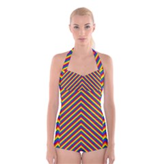 Gay Pride Flag Rainbow Chevron Stripe Boyleg Halter Swimsuit  by PodArtist