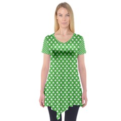 White Heart-shaped Clover On Green St  Patrick s Day Short Sleeve Tunic  by PodArtist