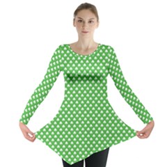 White Heart-shaped Clover On Green St  Patrick s Day Long Sleeve Tunic  by PodArtist