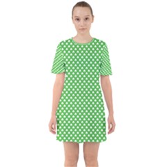 White Heart-shaped Clover On Green St  Patrick s Day Sixties Short Sleeve Mini Dress by PodArtist