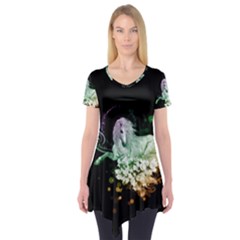 Wonderful Unicorn With Flowers Short Sleeve Tunic  by FantasyWorld7