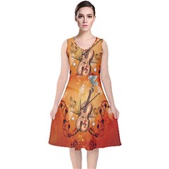 Violin With Violin Bow And Dove V-neck Midi Sleeveless Dress  by FantasyWorld7