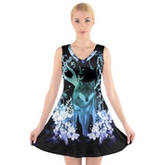 Amazing Wolf With Flowers, Blue Colors V-neck Sleeveless Skater Dress by FantasyWorld7