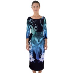 Amazing Wolf With Flowers, Blue Colors Quarter Sleeve Midi Bodycon Dress by FantasyWorld7