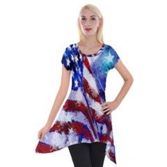 American Flag Red White Blue Fireworks Stars Independence Day Short Sleeve Side Drop Tunic by Sapixe