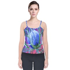 Blue Flowers With Thorns Velvet Spaghetti Strap Top by Sapixe