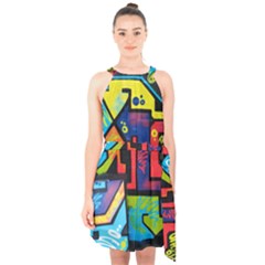 Urban Graffiti Movie Theme Productor Colorful Abstract Arrows Halter Collar Waist Tie Chiffon Dress by genx