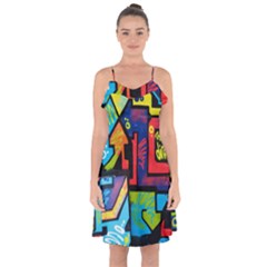 Urban Graffiti Movie Theme Productor Colorful Abstract Arrows Ruffle Detail Chiffon Dress by genx