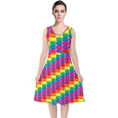 Rainbow 3d Cubes Red Orange V-neck Midi Sleeveless Dress  by Nexatart