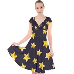 Yellow Stars Pattern Cap Sleeve Front Wrap Midi Dress by Sapixe