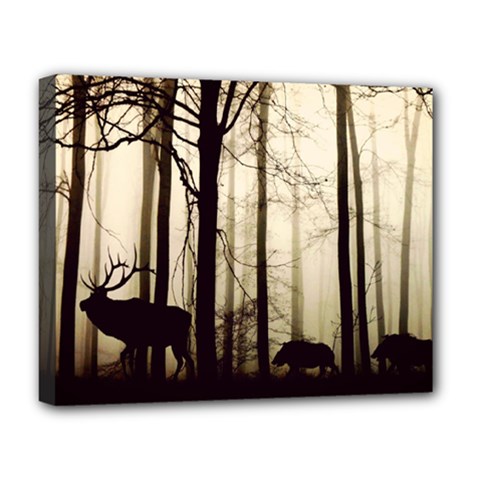 Forest Fog Hirsch Wild Boars Deluxe Canvas 20  X 16   by Simbadda