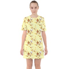 Funny Sunny Ice Cream Cone Cornet Yellow Pattern  Sixties Short Sleeve Mini Dress by yoursparklingshop