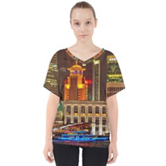 Shanghai Skyline Architecture V-neck Dolman Drape Top by Simbadda