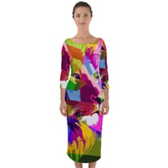 Animal Colorful Decoration Lion Quarter Sleeve Midi Bodycon Dress by Simbadda