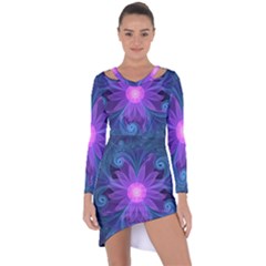 Blown Glass Flower Of An Electricblue Fractal Iris Asymmetric Cut-out Shift Dress by jayaprime