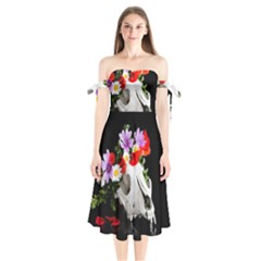 Animal Skull With A Wreath Of Wild Flower Shoulder Tie Bardot Midi Dress by igorsin