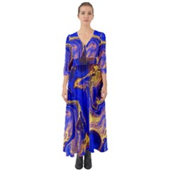 Blue Gold Marbled Button Up Boho Maxi Dress by NouveauDesign