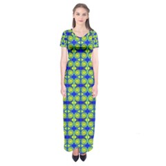 Blue Yellow Green Swirl Pattern Short Sleeve Maxi Dress by BrightVibesDesign