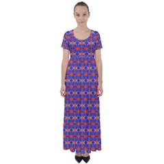 Blue Orange Yellow Swirl Pattern High Waist Short Sleeve Maxi Dress by BrightVibesDesign