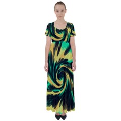 Swirl Black Yellow Green High Waist Short Sleeve Maxi Dress by BrightVibesDesign