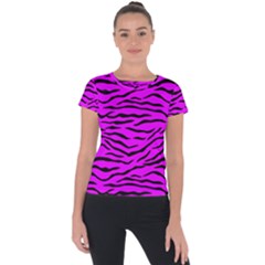 Hot Neon Pink And Black Tiger Stripes Short Sleeve Sports Top  by PodArtist