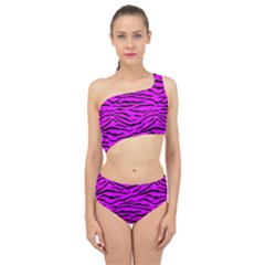 Hot Neon Pink And Black Tiger Stripes Spliced Up Two Piece Swimsuit by PodArtist