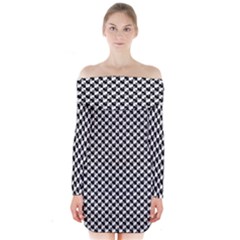 Black And White Checkerboard Weimaraner Long Sleeve Off Shoulder Dress by PodArtist