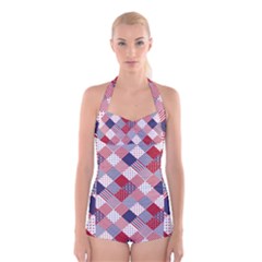 Usa Americana Diagonal Red White & Blue Quilt Boyleg Halter Swimsuit  by PodArtist