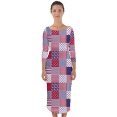 Usa Americana Patchwork Red White & Blue Quilt Quarter Sleeve Midi Bodycon Dress by PodArtist