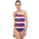 244776512NY USA Skyline in Red White & Blue Stripes NYC New York Manhattan Skyline Silhouette Classic One Shoulder Swimsuit View1