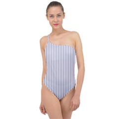 Mattress Ticking Narrow Striped Pattern In Usa Flag Blue And White Classic One Shoulder Swimsuit by PodArtist