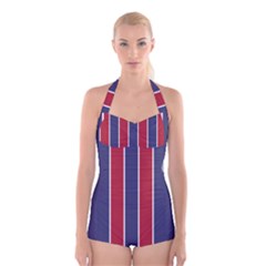 Large Red White And Blue Usa Memorial Day Holiday Vertical Cabana Stripes Boyleg Halter Swimsuit  by PodArtist