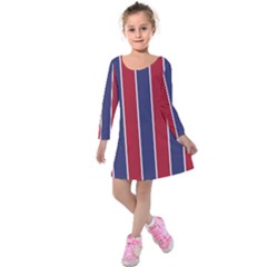 Large Red White And Blue Usa Memorial Day Holiday Vertical Cabana Stripes Kids  Long Sleeve Velvet Dress by PodArtist