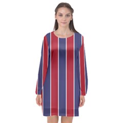 Large Red White And Blue Usa Memorial Day Holiday Vertical Cabana Stripes Long Sleeve Chiffon Shift Dress  by PodArtist