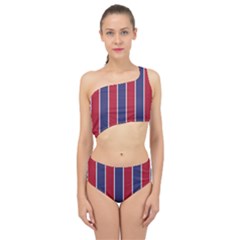 Large Red White And Blue Usa Memorial Day Holiday Vertical Cabana Stripes Spliced Up Two Piece Swimsuit by PodArtist