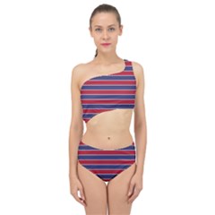 Large Red White And Blue Usa Memorial Day Holiday Pinstripe Spliced Up Two Piece Swimsuit by PodArtist