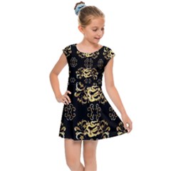 Golden Flowers On Black With Tiny Gold Dragons Created By Kiekie Strickland Kids Cap Sleeve Dress by flipstylezfashionsLLC