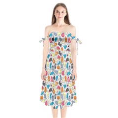 Funny Cute Colorful Cats Pattern Shoulder Tie Bardot Midi Dress by EDDArt