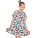 Funny Cute Colorful Cats Pattern Kids  Short Sleeve Shirt Dress View1