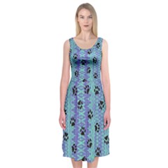 Footprints Cat Black On Batik Pattern Teal Violet Midi Sleeveless Dress by EDDArt