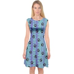 Footprints Cat Black On Batik Pattern Teal Violet Capsleeve Midi Dress by EDDArt