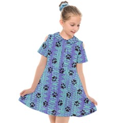 Footprints Cat Black On Batik Pattern Teal Violet Kids  Short Sleeve Shirt Dress by EDDArt