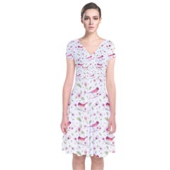Watercolor Birds Magnolia Spring Pattern Short Sleeve Front Wrap Dress by EDDArt