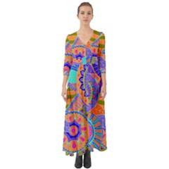 Pop Art Paisley Flowers Ornaments Multicolored 3 Button Up Boho Maxi Dress by EDDArt