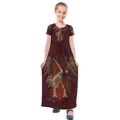 Awesome T Rex Skeleton, Vintage Background Kids  Short Sleeve Maxi Dress by FantasyWorld7