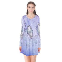 Wonderful Butterlies With Flowers Long Sleeve V-neck Flare Dress by FantasyWorld7