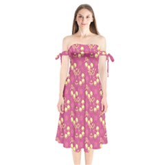 Yellow Pink Cherries Shoulder Tie Bardot Midi Dress by snowwhitegirl