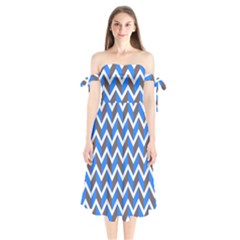 Zigzag Chevron Pattern Blue Grey Shoulder Tie Bardot Midi Dress by snowwhitegirl